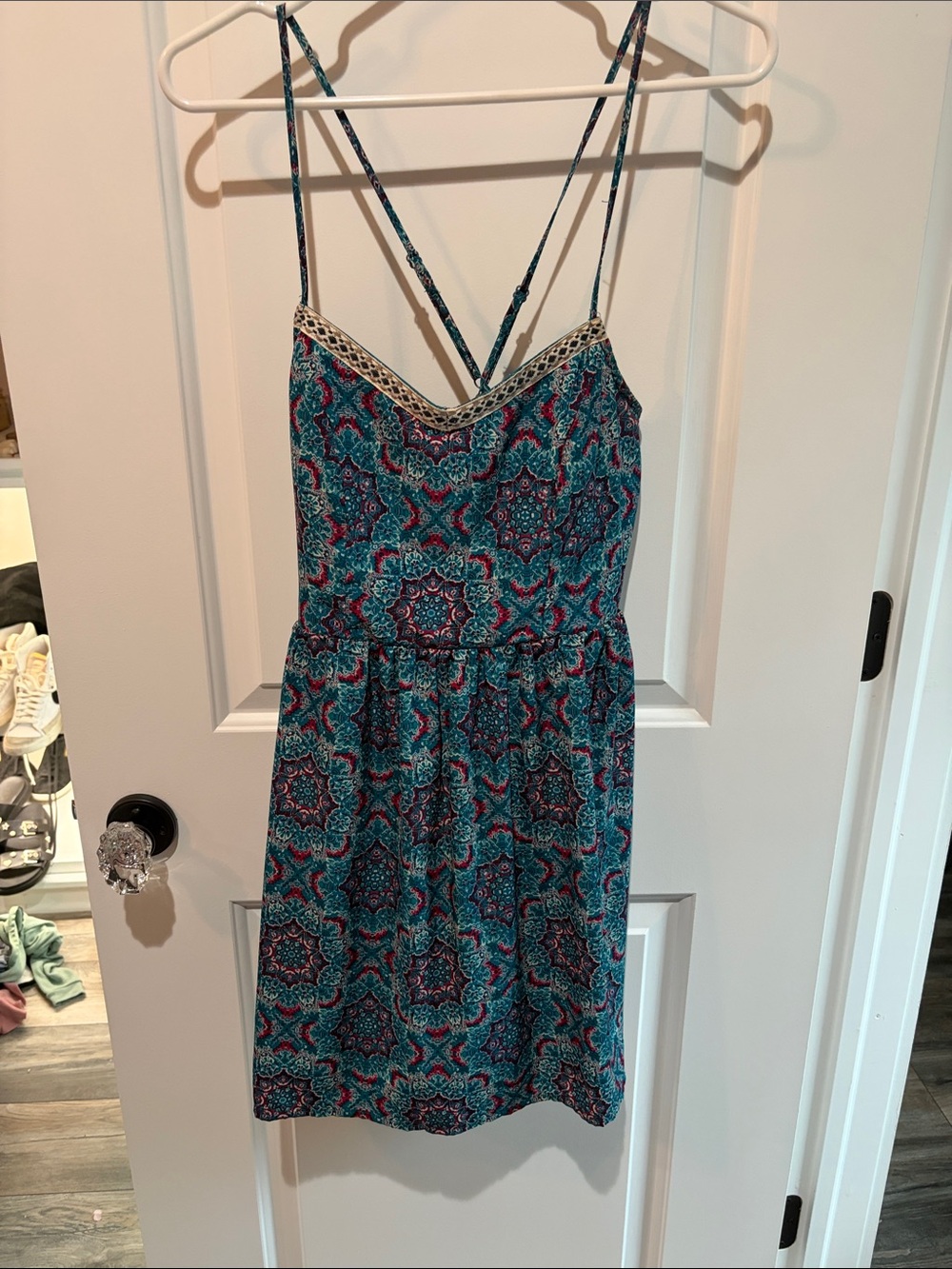 Sleeveless Teal Patterned Spaghetti-Strap Dress